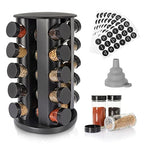 Tianifa Black Countertop Rotating Spice Rack, Round Empty 20-Jars Revolving Spice Rack Organizer, 135 Spice Labels with Funnel Complete Set, for Kitchen Countertop, Cabinet