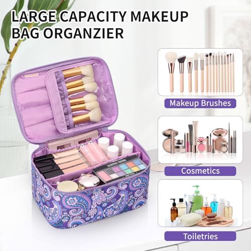 OCHEAL Makeup Bag - Portable Large Capacity Travel Cosmetic Case for Women with Handle and Divider Toiletry Organizer for Girls on the Go -Purple - color: 0021_Floral Purple, size: Medium