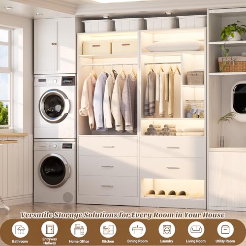 Besiost 4FT Closet Systems with 5 Wood Drawers, 48 Inch Closet Organizer System with 2 Hanging Rods & 7 Shelves, Heavy Duty 48" Walk-in Closet , White (48"L x 15" W x 80" H) - color: White