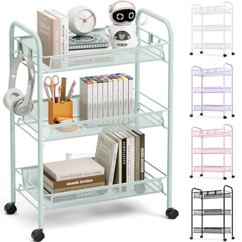 TOOLF 3-Tier Metal Rolling Cart, Mesh Wire Easy Assemble Utility Cart, Storage Trolley on Wheels with 3 Hooks, MetalStorage Shelving Units for Kitchen Bathroom Laundry Room - color: Green, size: 3-Tier