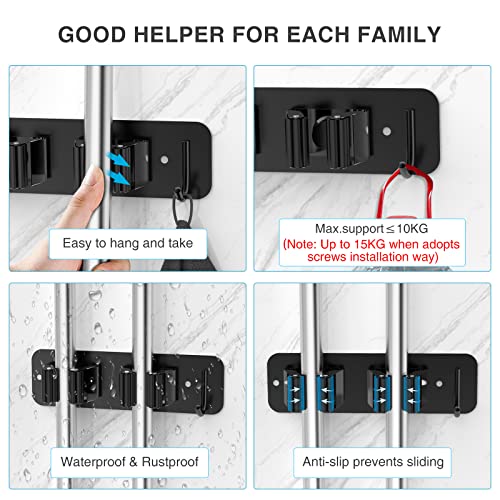 homeasy Wall Mount Mop and Broom Holder, Heavy Duty Stainless Steel Organizer Rack with Hooks | 4-Pack, 2-in-1 No Drill & Screw Installation, Black - color: Black-4