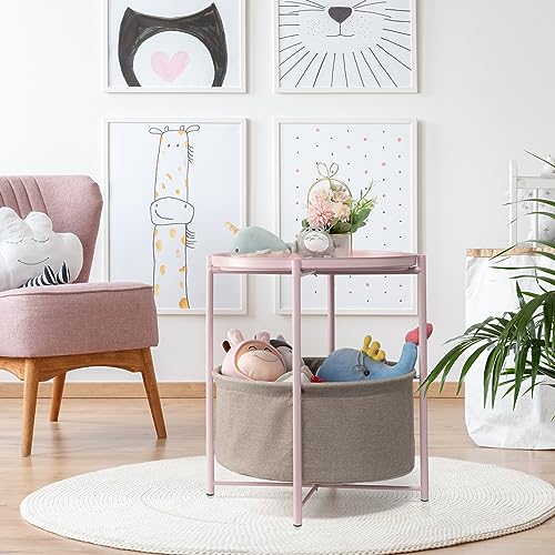 danpinera Round Side Table with Fabric Storage Basket, Metal Side Table Small Bedside Nightstand with Removable Tray Top for Living Room, Bedroom, Nursery, Laundry, Light Pink - color: Light Pink