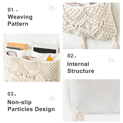 Mkono Macrame Couch Organizer Remote Control Caddy Sofa Armrest Armchair Bedside Storage Holder Bag for TV Remote, Magazine, Books, Cell Phone, iPad, Boho Living Room Home Dorm Decor, Beige, Large - color: Beige, size: Large