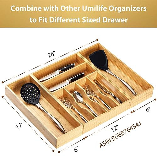 Umilife Bamboo Kitchen Utensils Organizer, Extra Long High Silverware Drawer Holder, Flatware Cutlery Storage Box, Multi-Use Drawer Divider in Office, Bathroom, Pantry - 17"x6"x2.5" (Set of 2) - size: 17 x 6 x 2.5" (Standard, Set of 2)