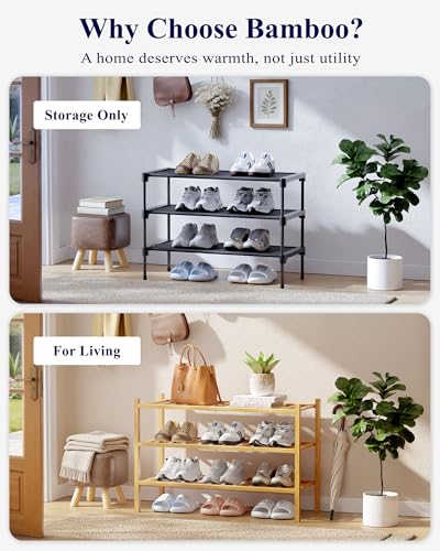 Kitsure Bamboo Wooden Shoe Rack for Closet - Stackable Shoe Organizer with Modular Structure, Space-Saving Shoe Shelf for Entryway, Living Room, Bedroom, 26.8" x 11" x 18.9", Natural - color: Nature, size: 26.8"Wide - 3 Tiers