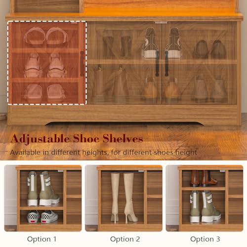 CSZZD Hall Tree with Bench and Shoe Storage, Farmhouse Entryway Bench with Coat Racks and Led Lights, Tall Hall Tree with 7 Coat Hooks, 6 Storage Cubbies, Adjustable Shelf - color: Caramel Oak, size: 39.4"