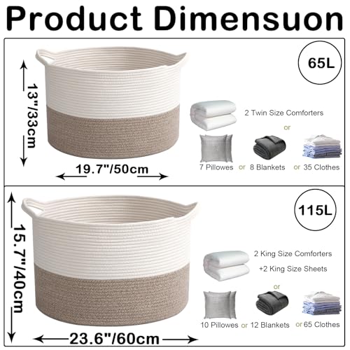 115L Extra Large Blanket Basket,Woven Rope Laundry Basket Hamper with Handles, Decorative Nursery Basket Storage Bin for Toys, Clothes Organizer, Living Room, Bedroom, Bathroom, White & Brown - color: White&Brown, size: 23.6"L x 23.6"W x 15.7"H(115L)