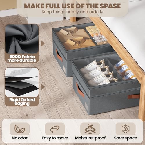 Dayacoco Under Bed Storage with Wheels, 2Pack 71L Under the Bed Storage Containers, Adjustable Underbed Drawer with Lids, Underbed storage Rolling Bin for Shoes, Clothes, Blankets, Grey - size: 8.5-11.5 inch height-grey