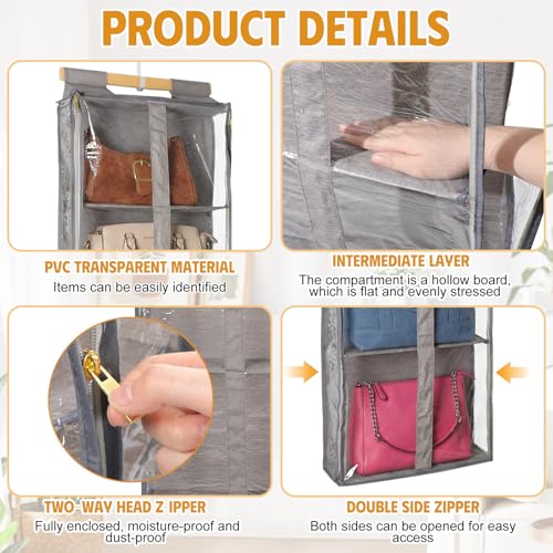 Silkfly 2 Pack Hanging Purse Organizer for Closet Clear Handbag Storage Hanger with Zipper Holder over The Door Wardrobe Tote Bag Storage Holder for Bedrooms Living Room (Brown) - color: Brown