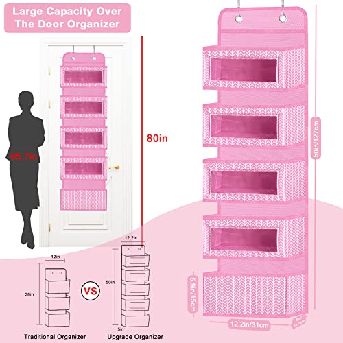 VERONLY Over The Door Hanging Organizer with 5 Large Pockets - Wall Mount Pantry Storage with 2 Big Metal Hooks for Baby Girl’s Diapers Closet, Bathroom, Nursery, Bedroom, Dorm, Baby, Kids Toys (Pink) - color: Branch Pattern Pink