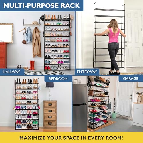 Sundaze Shoe Rack - 10 Tier Metal Shoe Rack for Front Door Entrance, Sturdy Tall Shoe Organizer for Closet, Bedroom, Entryway, Garage, Black Metal Shoe Shelf, Holds Up to 50 Pairs