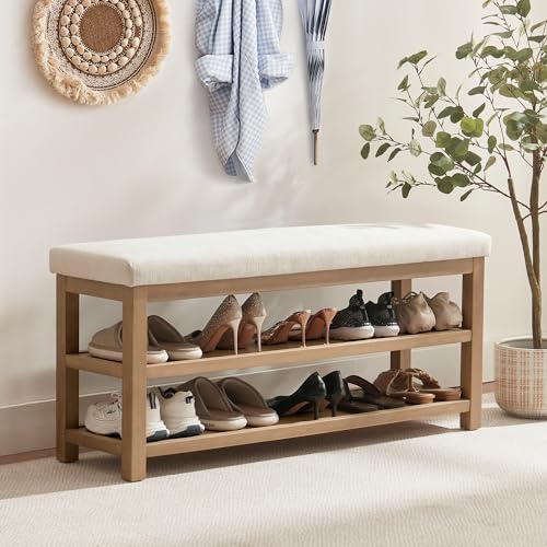 Zihanhome 2 Tier Shoe Rack Bench with Cushion, Solid Wood Shoe Benches, Mid-Century Modern Shoe Storage Bench for Entryway, Hallway, Living Room, Closet, Front Door Entrance, (Beige, 46.5") - color: Beige, size: 46.5"