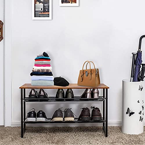 Garden 4 you Shoe Rack for Entryway 3 Tiers 11.8" D x 25" W x 20" H, Metal Shoe Rocks with Brown Wooden Tabletop, Angled Shoes Rack with Adjustable Mesh Shelves for Entryway Hallway Closet - color: Rustic Brown, size: 3-Tiers