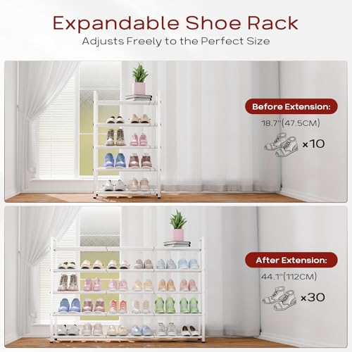 Bumusty 5-Tier Long Expandable Shoe Rack for Closet, 18"-44" Adjustable Shoe Rack for Entryway, 25-30 Pairs Large Shoe Organizer Shelf Storage, Sturdy Metal, White - color: White, size: 5-Tier