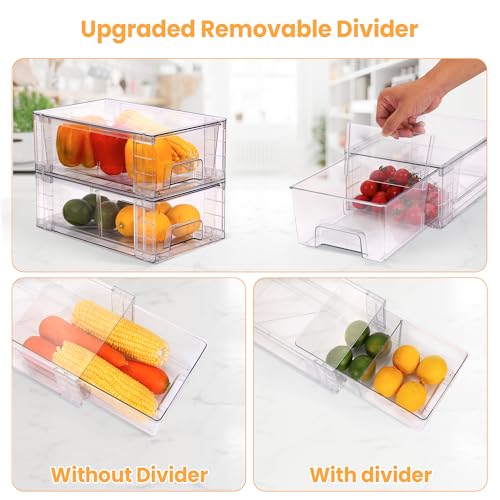 2 Pack Stackable Storage Drawers,Plastic Organizers Bins, Drawers Storage with Handles and Movable Dividers for Organization and Storage in Fridge,Bathroom, Pantry, Kitchen Cabinets, Under Sink - size: 2Pack 4.4"H-with Dividers