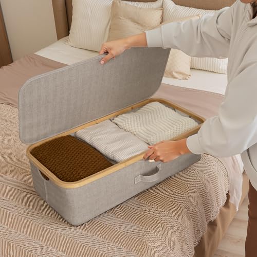 StorageWorks Underbed Storage Containers with Lids, 2-Pack 7" Low Profile Under Bed Storage Box with Bamboo Frame for Clothes, Bedding, Blankets and Shoes, 42L Sturdy Fabric Organizer, Taupe - color: Taupe, size: 2