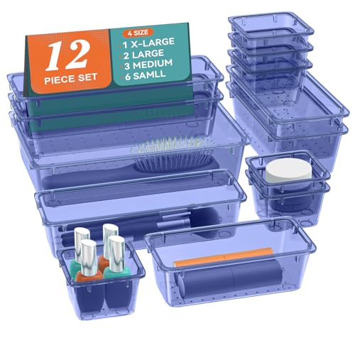 ElegantArray 12 PCS Drawer Organizer Set, 4 Sizes Tool Storage Trays, Clear Plastic Makeup Vanity Organizer and Storage Bins for Stationeries, Multiple Gadgets for Office, Bedroom, Navy Blue - color: Navy Blue, size: 12 PCS