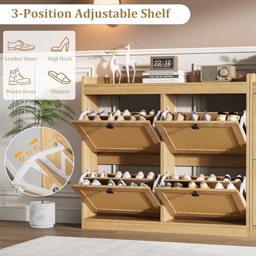 GarveeHome Shoe Cabinet Rattan with 4 Flip Drawers, Wooden Freestanding Shoe Organizer with Adjustable Shelves, Shoe Storage for Entryway, Closet, Hallway - color: Light Oak, size: 4-Drawers