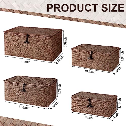 Woanger Set of 4 Wicker Storage Baskets Organizer，Handwoven Storage Bins with Lid for Organizing, Home Utility Box for Home Office Supplies Multipurpose Container(Coffee) - color: Coffee