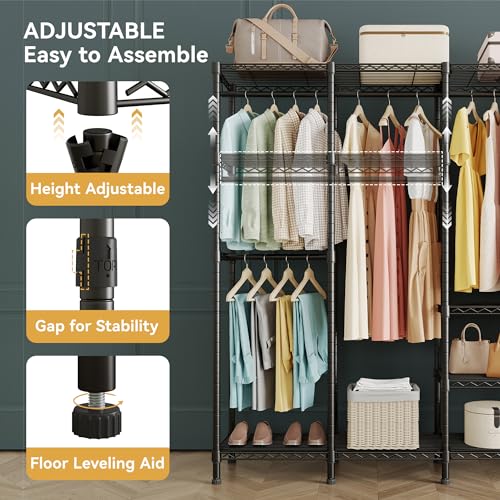 Higeego H5 Extra Large Wire Garment Rack, Heavy Duty Clothes Rack, Freestanding Clothing Rack for Hanging Clothes, Wardrobe Closet with Adjustable Shelf, 93.3" Wx15.7 Dx75.4 H, Black, Load 1400 lbs - color: Black