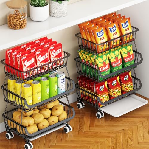 Miyawell 3-Tier Rolling Pantry Cart with Wheels, Stackable Wire Storage Floor Organizer for Kitchen Pantry Snack Shelves, Fruit Basket Stand, Vegetable Storage Rack for Food Snacks Onion Potato - color: 3 Tier-black (1 Pack)