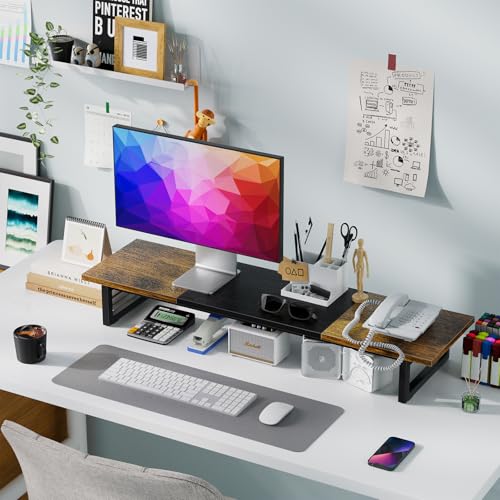 Simple Trending 38 Inch Dual Monitor Stand Riser, Wood and Steel Desktop Organizer for Home Office, Wood and Blck - color: Rustic Brown and Black
