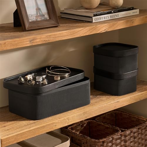 LA JOLIE MUSE Fluted Cardboard Storage Baskets with Leather-Like Lids, Paper Boxes Decorative Tray, Modern Basket Organizer Bins for Jewelry Shelve Bathroom Bedroom Organizing,Black, Set of 3 - color: Black