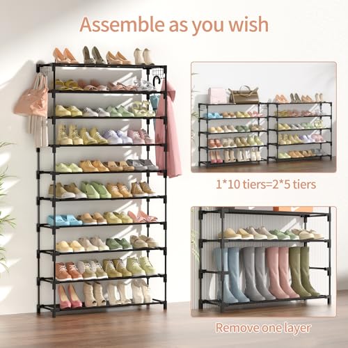 LANTEFUL 10 Tiers Shoe Rack 50 Pairs Large Capacity Tall Shoe Organizer Sturdy Shoe Storage with Two Hooks Space Saving Metal Wide Shoe Rack for Closet, Entryway, Bedroom, Black - color: Black, size: 10 Tier-61.2" High-34" Wide