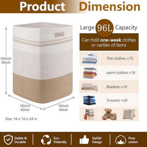 96L Extra Large Cotton Rope Laundry Basket for Bedroom & Laundry Room, Tall Clothes Hamper with Sturdy Handles, Neutral Storage Bin Capable of Holding Blankets and Toys - color: Jute & White, size: 96L