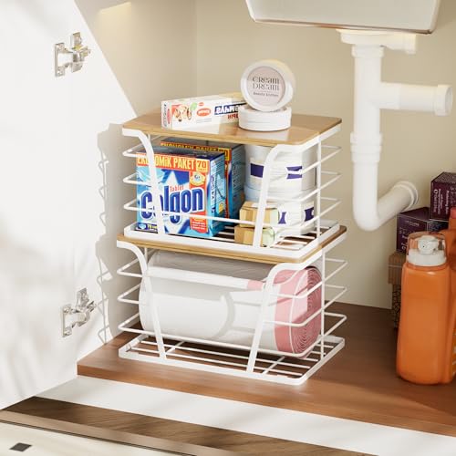 TIDIIABODE Extra Large 2 Pack Potato and Onion Storage Bins, Potato and Onion Storage Baskets with Bamboo Top, Trash Bag Dispenser, Storage Stackable for Kitchen Laundry Organizers, White - color: 2-Pack-XL&L-White