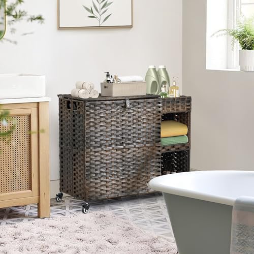 Laundry Hamper with Wheels, 42.3 Gal.(160 L) Laundry Sorter with Shelves, Rattan Clothes Hamper with 4 Removable Liners & 3 Mesh Bags, Handwoven Organizer for bedroom, bathroom, laundry room, Brown - color: Brown