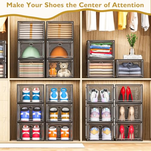 7 code Thicken & Sturdy Clear Shoe Storage Organizer with Magnetic Door, Stackable Boxes for Closet, Foldable Shoe Rack for Sneaker Boot Container, Plastic Shoe Cabinet Shoe Box 6 Pack, Black - color: Black, size: 6 pcs