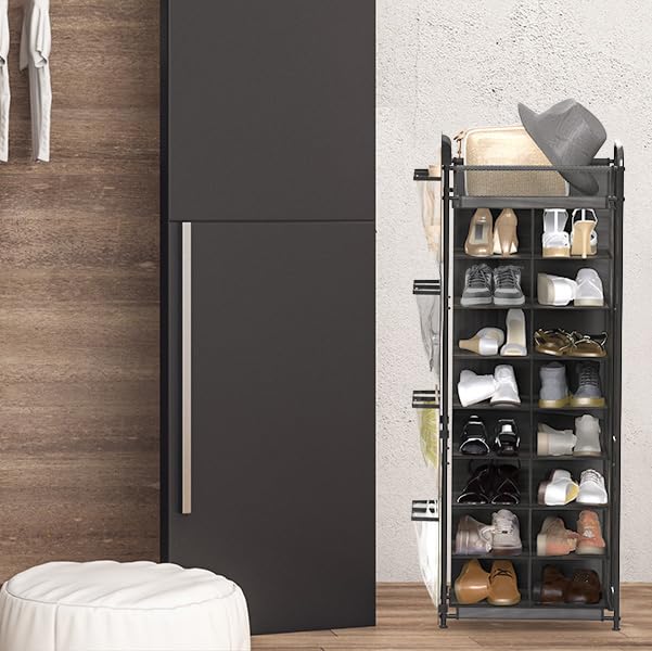 Simple Houseware 16 Cube Shoe Stand Tower Rack 8 Tier with Top Shelf and Side Hanging Pockets, Dark Gray - color: Dark Gray