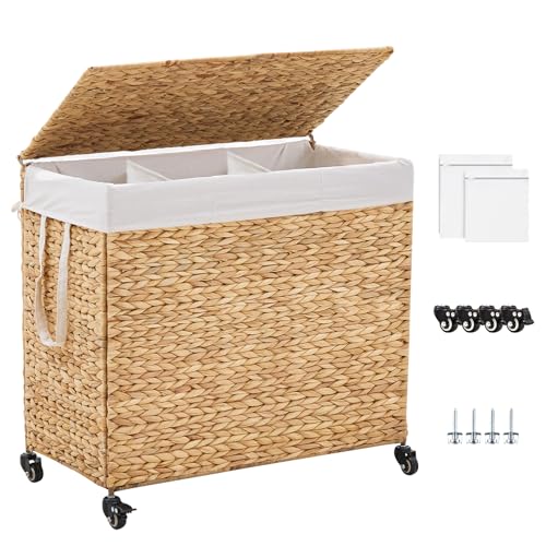3-Section Laundry Hamper with Lid, Large Capacity Woven Natural Water Hyacinth Laundry Sorter with Removable Liners, Rolling or Non-Slip Design for Bedroom (Natural, 155L) - color: Natural, size: 3-Section
