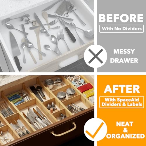 SpaceAid Bamboo Drawer Dividers with Inserts and Labels, Kitchen Adjustable Drawer Organizers, Expandable Organization for Home, Office, Dressers, 10 Dividers with 24 Inserts (17"-22" Natural) - color: NATURAL, size: 2.35''H, 17''-22''L, 10 Dividers