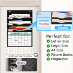 ALSLEA 4 Pockets Hanging Wall File Organizer 15" Extra Wide Pocket Chart for Classroom, Office, Home, Mail Organizer Wall Mounted with 1 Writable Clear Pocket, 5 Wall/ Door Hooks & 12 Labels (Black) - size: Small (4 Pockets)