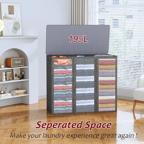 195L Laundry Hamper 3 Section,Large Laundry Hamper with Lid,Dirty Clothes Hamper with 3 Inner Bags,Collapsible Laundry Basket Organizer for Laundry Room,Bedroom,Laundry Sorter Hamper 3 Compartment - color: Grey, size: 195L
