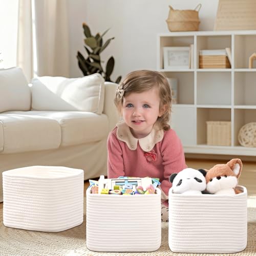 3 Pack Cube Storage Bin, 9”x9”x7” Cotton Rope Woven Baskets for Organizing Toys Clothes Towels, Square Gift Storage Baskets for Shelves, Nursery, Closet, Bathroom, Pantry (White) - color: White, size: 9" x 9" x 7"