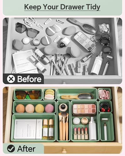 KEMETHY 25 PCS Plastic Drawer Organizers Set, 4 Sizes Vanity Organizer, Makeup and Desk Drawer Organizer Trays, Organization and Storage for Makeup, Bathroom, Kitchen Utensils and Office (Green) - color: Green