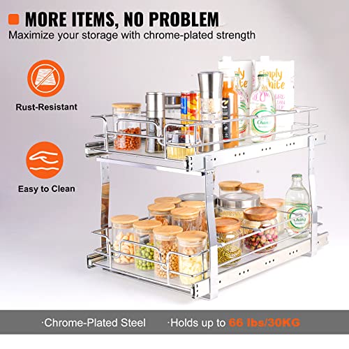 VEVOR Pull Out Cabinet Organizer, 14" Wx21.2 Dx15.2 H Heavy 2 Tier Duty Slide Out Pantry Shelves, Chrome-Plated Steel Roll Out Drawer for Under Sink, 15.5" Wx22.5 Dx19 H Install Size for Cabinet - size: 14"Wx21.2"Dx15.2"H