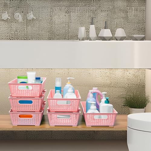 Tiawudi Stackable Woven Plastic Basket, Storage Bins for Cabinet, Closet, Shelf, Under Sink and Countertop, Pantry Organizer Bins, 6 Pack - color: Pink