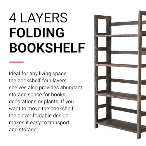 Proman Products - Hickory Bookshelf, Folding Bookshelf, Wooden Storage Shelves (4 Tiers, Rustic Brown) - size: 4 Tiers