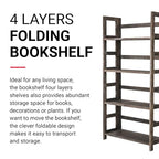 Proman Products - Hickory Bookshelf, Folding Bookshelf, Wooden Storage Shelves (4 Tiers, Rustic Brown) - size: 4 Tiers