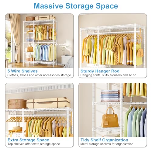 Ulif F2 Clothes Rack, 5 Tiers Heavy Duty Garment Rack for Bedroom, Freestanding Adjustable Closet Storage Organizer, 46.1" W x 15.4" D x 78.3" H, Load 630lbs, Upgraded White - color: White