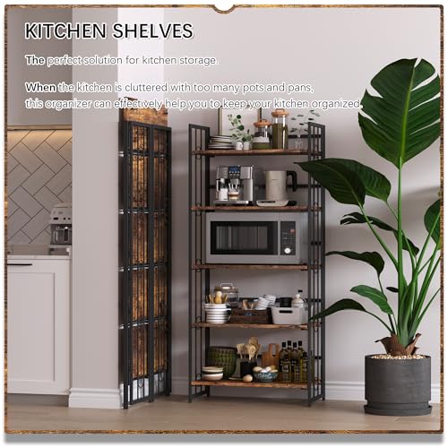 4NM No Assembly 5 Tiers Folding Bookshelf, 59.4" H Foldable Storage Shelves Vintage Bookcase Standing Racks Study Organizer Home Office - Rustic Brown Black - color: Rustic Brown Black, size: 5-Tier