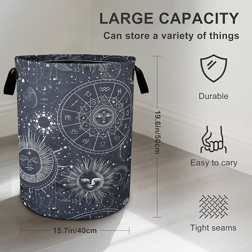 Sun Moon Laundry Basket Foldable Oxford Cloth Tote Bag Laundry Hamper Clothes Storage Bucket Organizer For Bathroom/Laundry Storage/Bedroom 19.6x15.7 Inch - color: Sun Moon