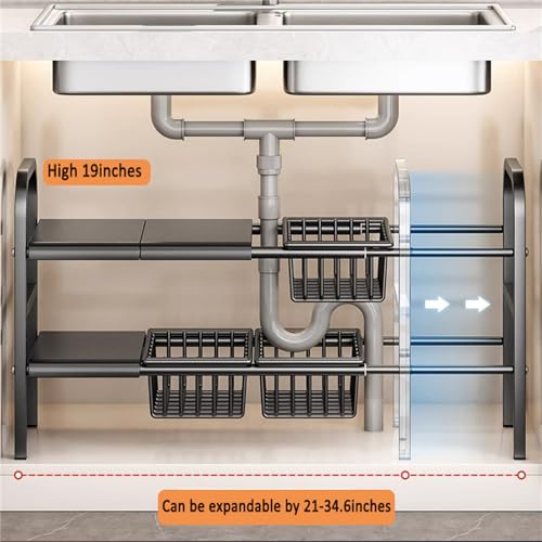 Under Sink Organizers, 2 Tier Stretchable Cabinet Shelf Organizer with 4 Removable Panels and 4 Under Shelf Basket for Under Bathroom Storage,Under Cabinet Shelves,kitchen Sink Storage Rack (black) - color: Black