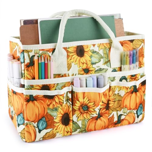 E-WEICHEN Craft Organizer Tote Bag Art Storage Caddy with Multiple Pockets Containers for Art,Craft,and Office Supplies Storage.Pumpkin Flower - color: Pumpkin Flower