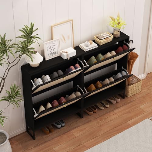 Black Narrow Shoe Cabinet, Hidden Slim Shoe Storage Cabinet for Entryway, 25.6"x34.7" Flip Drawer Shoe Oraganizer Rack with Metal Base (Black, 2-Drawer-No Divider) - color: Linen-black, size: 2-Drawer-No Divider