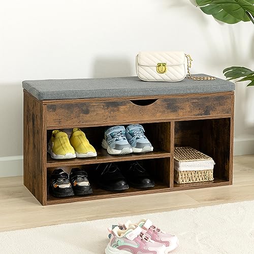 WellFurGeer Shoe Bench with Storage, Entryway Bench with Shoe Storage, Shoe Rack with Bench, Shoe Storage Bench with Padded Cushion, Brown + Gray - color: Brown + Grey